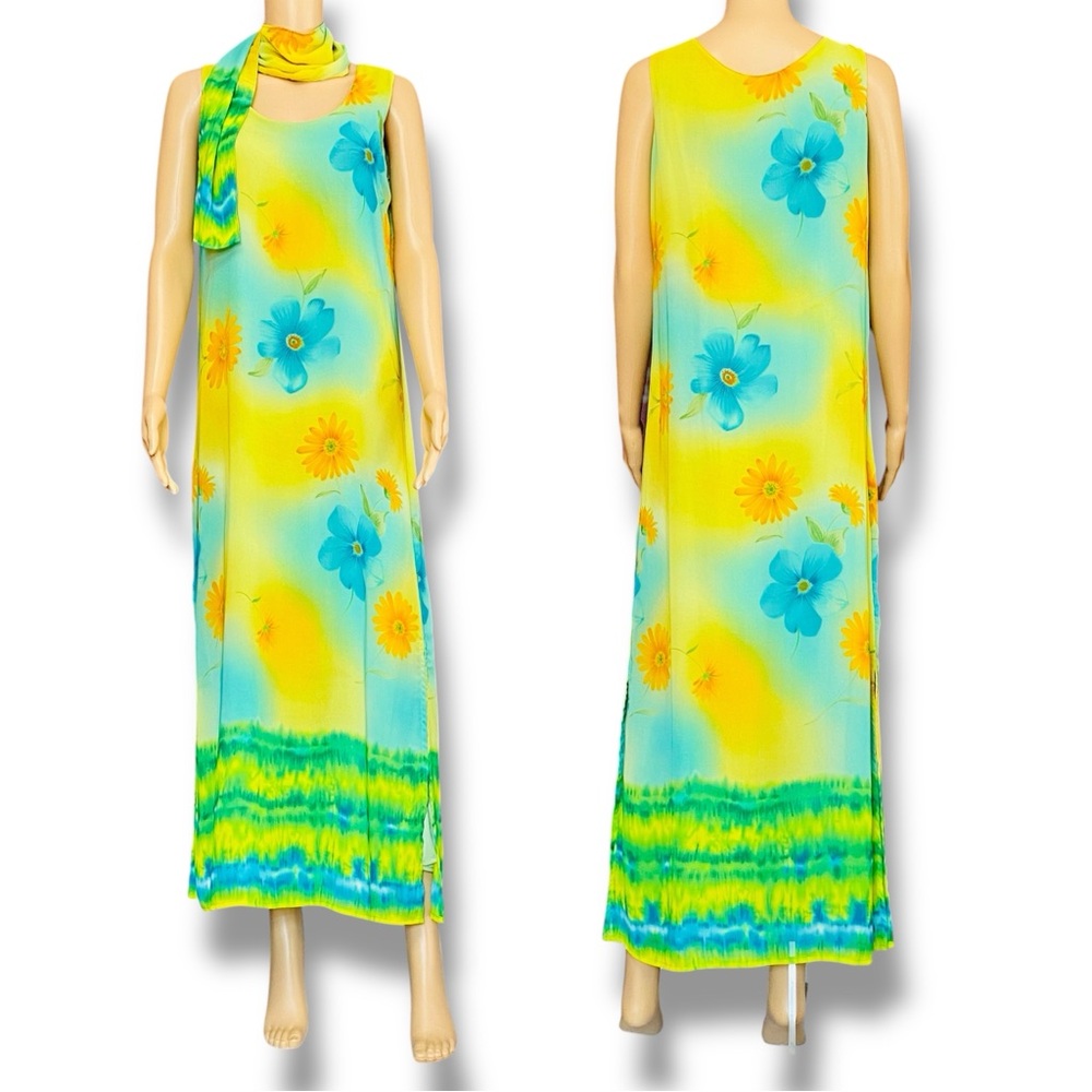 Sleeveless Yellow & Aqua Floral Maxi Dress with Scarf - Picture 2 of 13